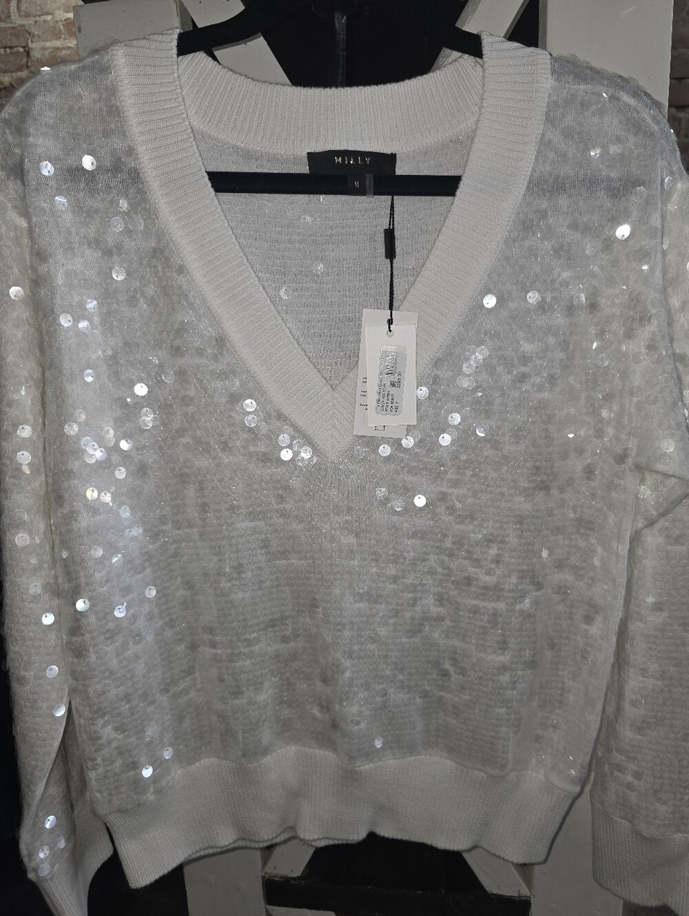 Milly White Sequin V-Neck Sweater